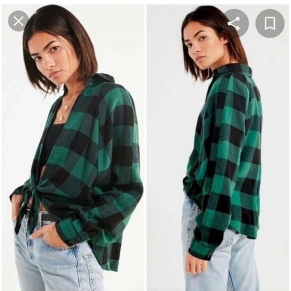 BDG Urban Outfitters Green and Black plaid Tie front long sleeve Top